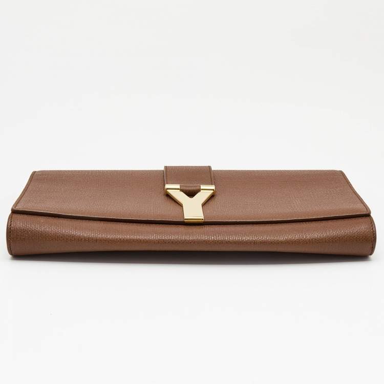Pre Owned Yves Saint Laurent Brown Leather Y-Ligne Flap Clutch