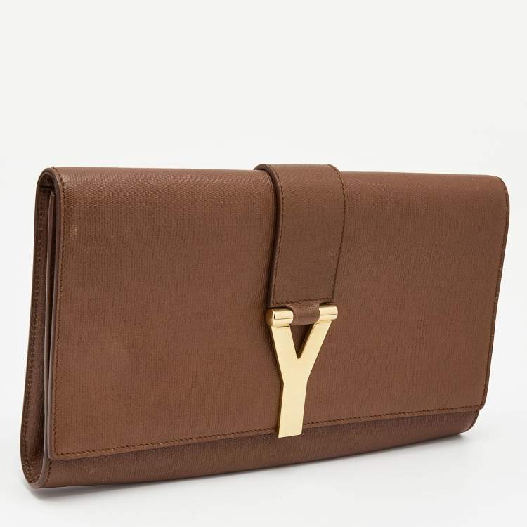 Pre Owned Yves Saint Laurent Brown Leather Y-Ligne Flap Clutch