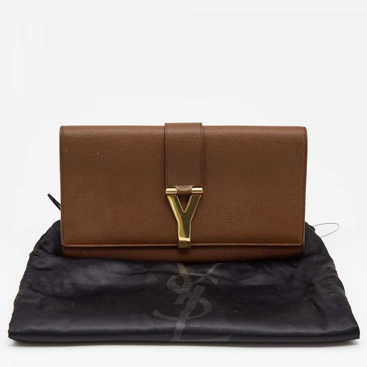 Pre Owned Yves Saint Laurent Brown Leather Y-Ligne Flap Clutch