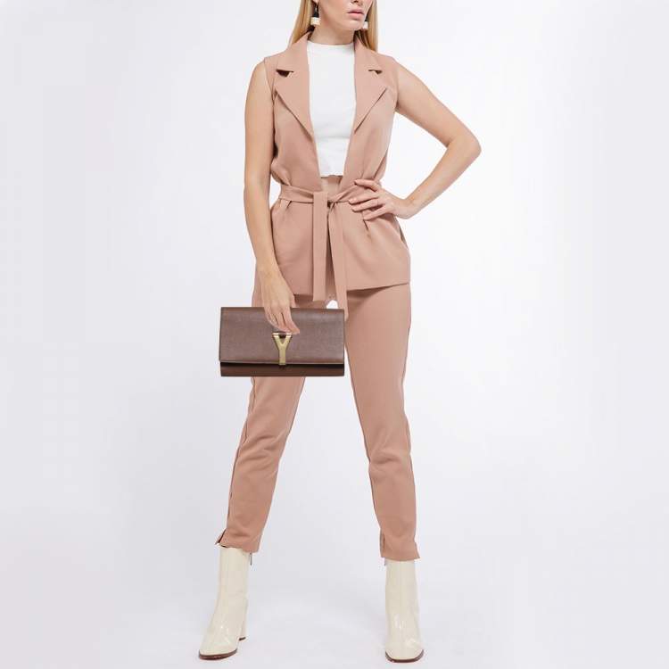 Pre Owned Yves Saint Laurent Brown Leather Y-Ligne Flap Clutch