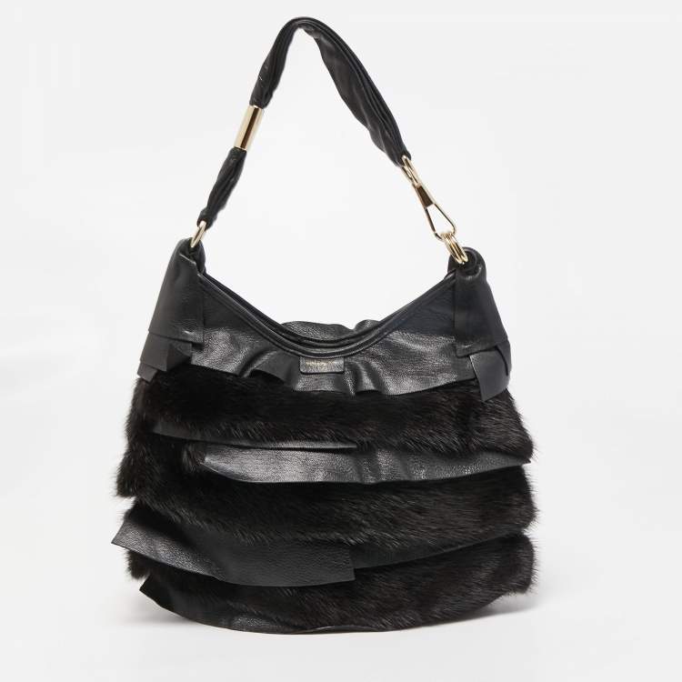 Pre Owned Yves Saint Laurent Black Leather and Calfhair Small St Tropez Hobo