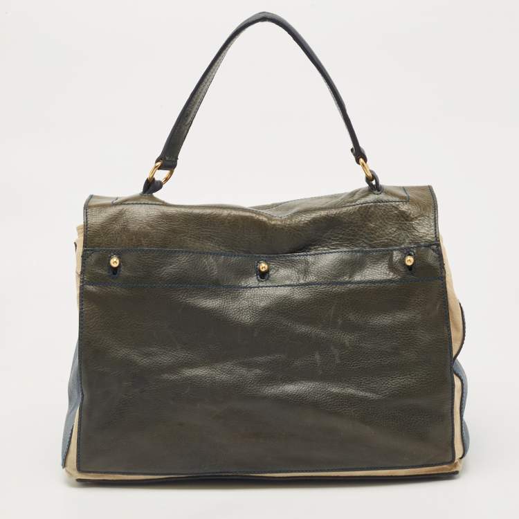 Pre Owned Yves Saint Laurent Navy Blue/Green Croc Embossed Suede and Leather Muse Two Top Handle Bag