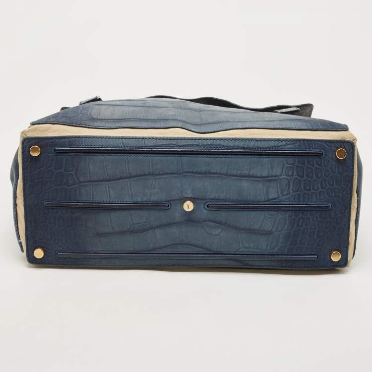 Pre Owned Yves Saint Laurent Navy Blue/Green Croc Embossed Suede and Leather Muse Two Top Handle Bag