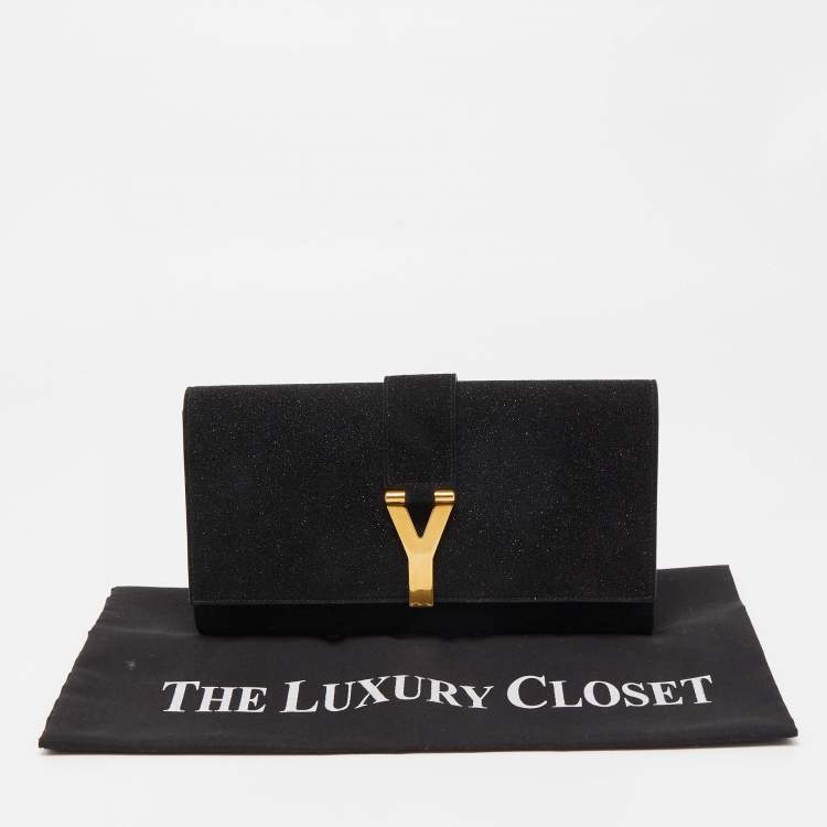 Pre Owned Yves Saint Laurent Black Glitter Suede Y-Ligne Clutch