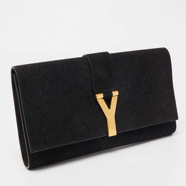 Pre Owned Yves Saint Laurent Black Glitter Suede Y-Ligne Clutch