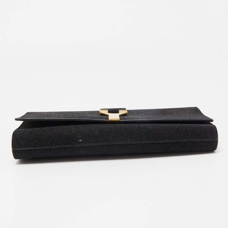 Pre Owned Yves Saint Laurent Black Glitter Suede Y-Ligne Clutch