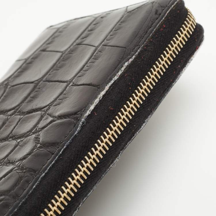 Pre Owned Yves Saint Laurent Black Alligator Zip Around Wallet