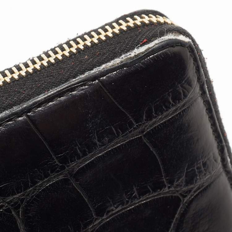 Pre Owned Yves Saint Laurent Black Alligator Zip Around Wallet