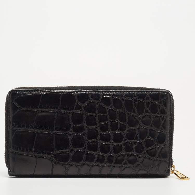 Pre Owned Yves Saint Laurent Black Alligator Zip Around Wallet