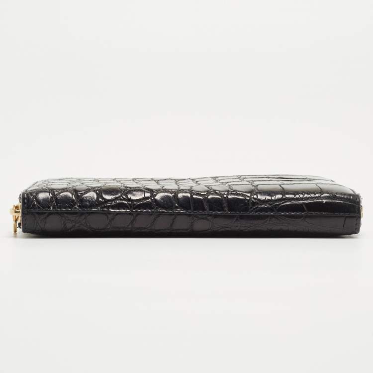 Pre Owned Yves Saint Laurent Black Alligator Zip Around Wallet