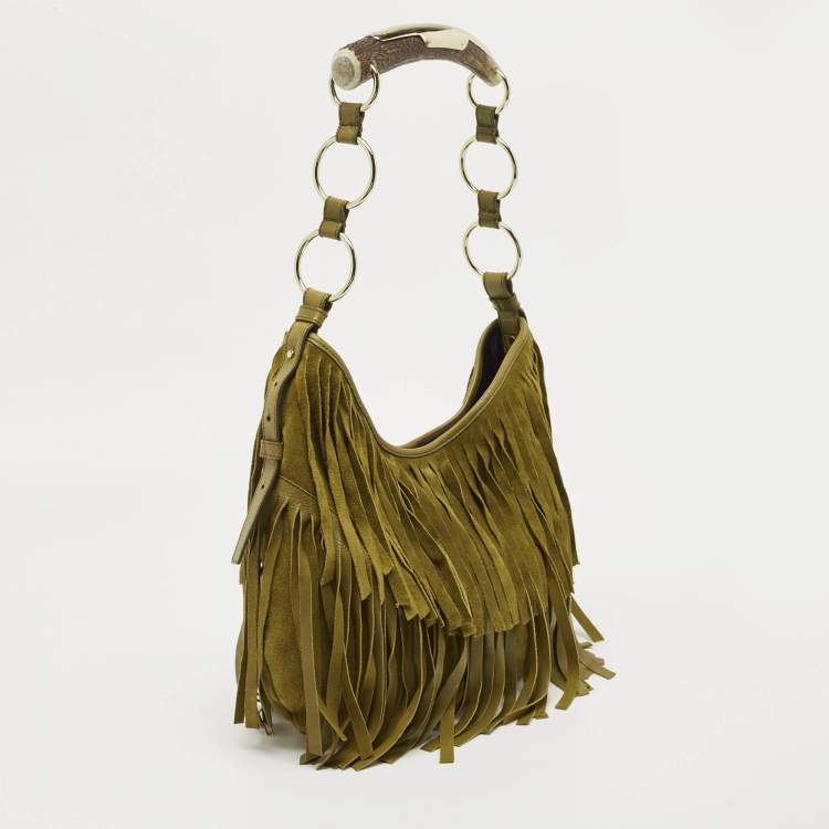 Pre Owned Yves Saint Laurent Olive Green Suede Fringe Mombasa Hobo