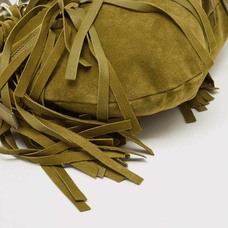 Pre Owned Yves Saint Laurent Olive Green Suede Fringe Mombasa Hobo