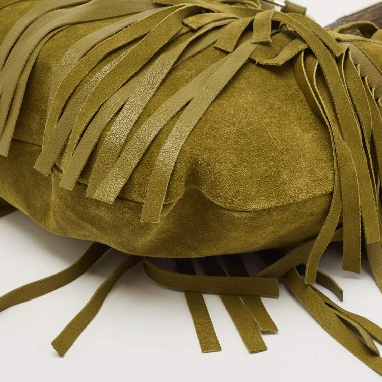 Pre Owned Yves Saint Laurent Olive Green Suede Fringe Mombasa Hobo