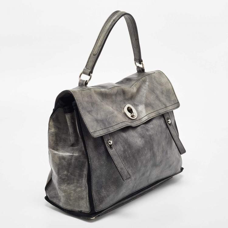 Pre Owned Yves Saint Laurent Grey/Black Leather and Suede Large Muse Two Top Handle Bag