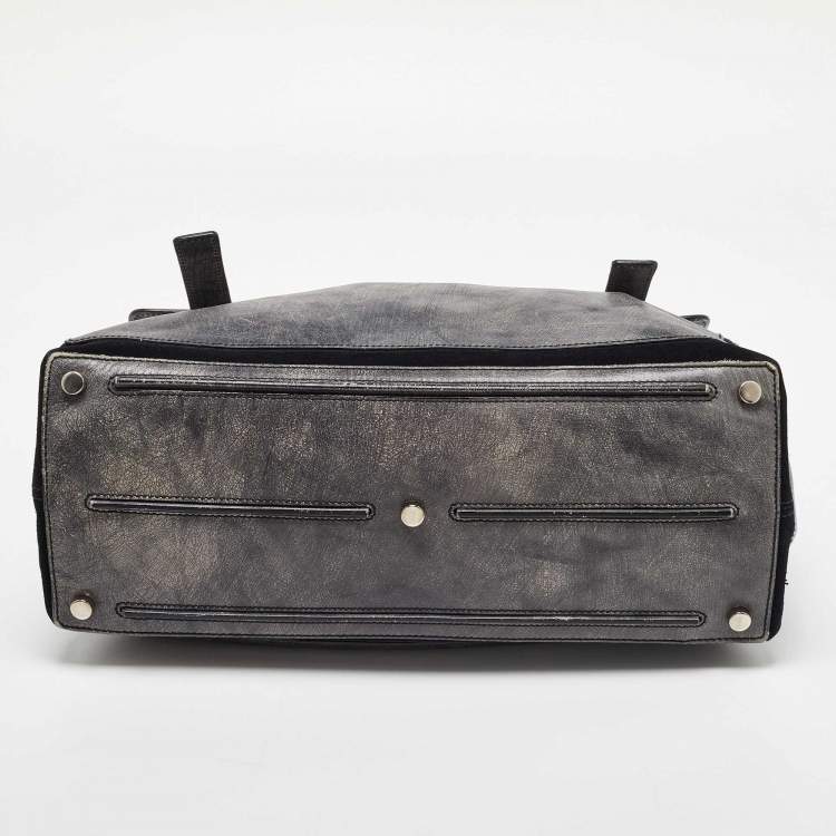 Pre Owned Yves Saint Laurent Grey/Black Leather and Suede Large Muse Two Top Handle Bag