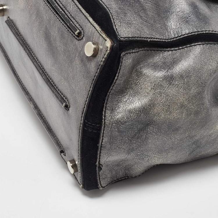 Pre Owned Yves Saint Laurent Grey/Black Leather and Suede Large Muse Two Top Handle Bag
