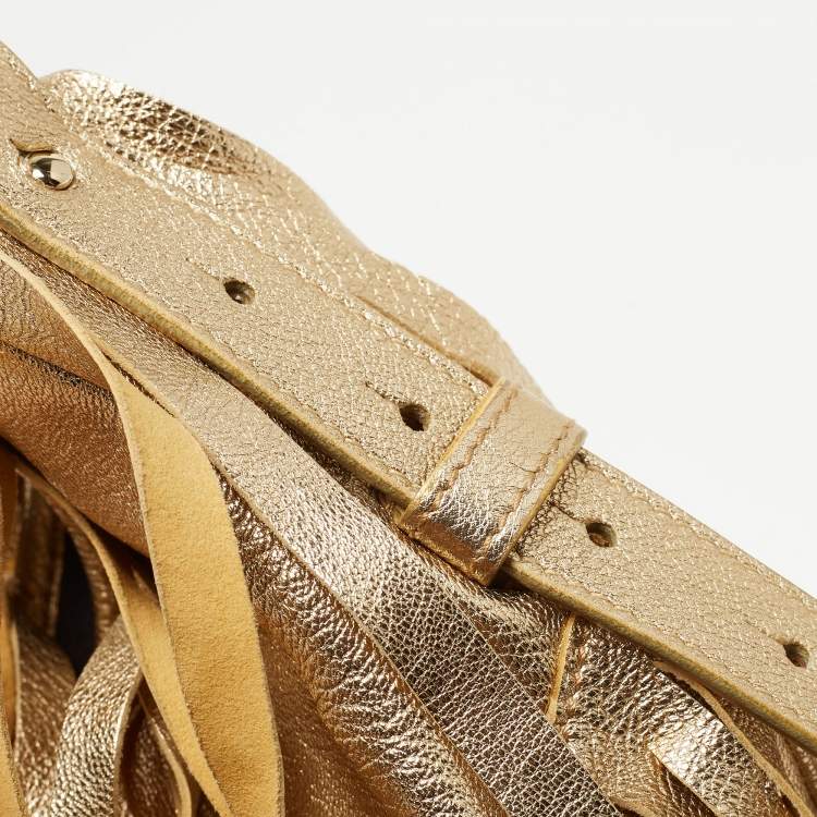 Pre Owned Yves Saint Laurent Gold Leather Fringe Hobo