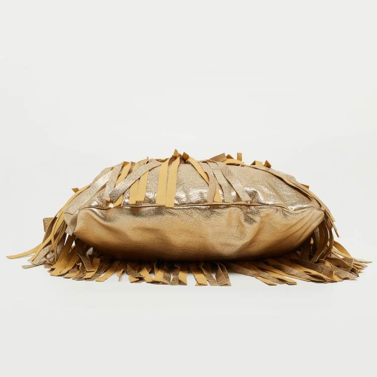 Pre Owned Yves Saint Laurent Gold Leather Fringe Hobo