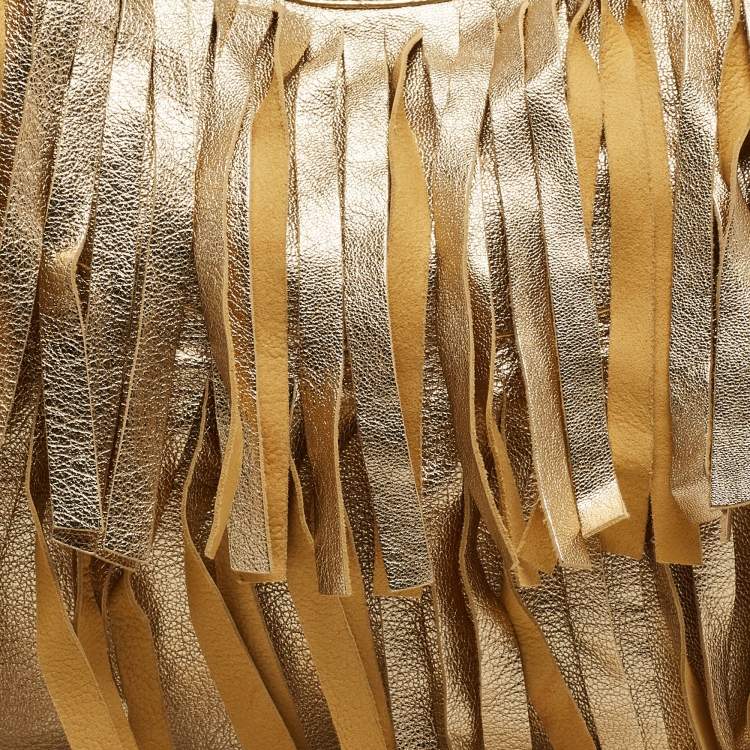Pre Owned Yves Saint Laurent Gold Leather Fringe Hobo
