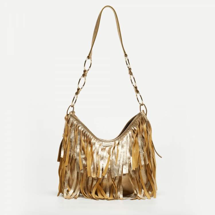 Pre Owned Yves Saint Laurent Gold Leather Fringe Hobo