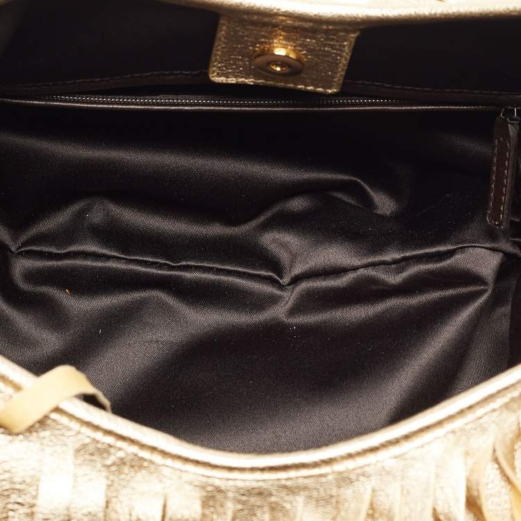 Pre Owned Yves Saint Laurent Gold Leather Fringe Hobo
