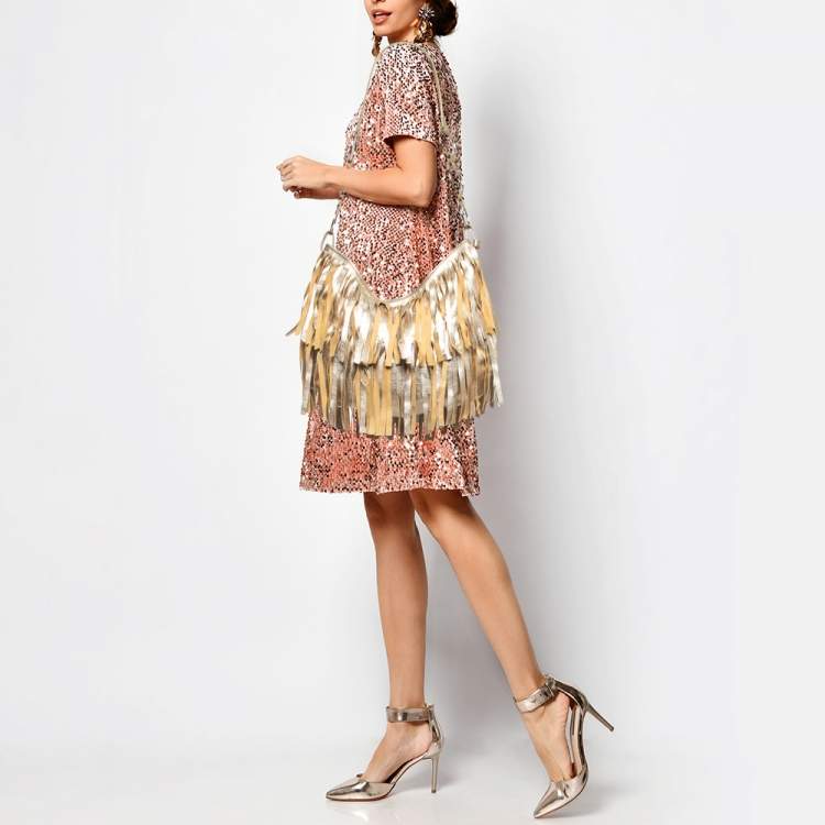 Pre Owned Yves Saint Laurent Gold Leather Fringe Hobo