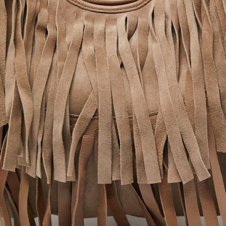 Pre Owned Yves Saint Laurent Beige Suede and Leather La Boheme Fringe Hobo