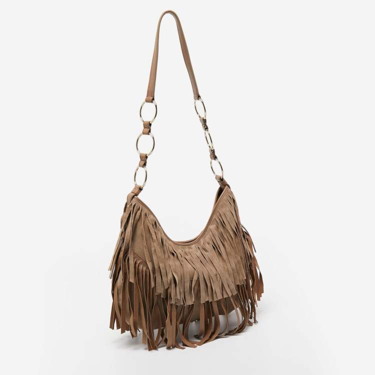 Pre Owned Yves Saint Laurent Beige Suede and Leather La Boheme Fringe Hobo