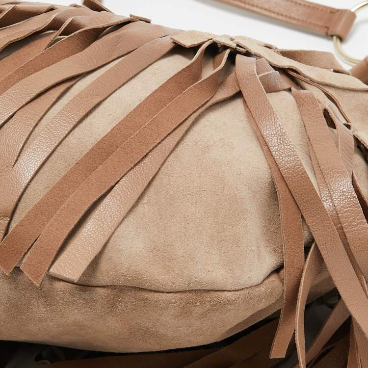 Pre Owned Yves Saint Laurent Beige Suede and Leather La Boheme Fringe Hobo