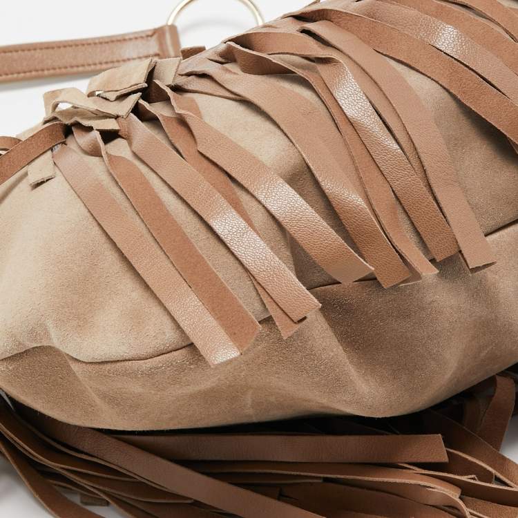 Pre Owned Yves Saint Laurent Beige Suede and Leather La Boheme Fringe Hobo