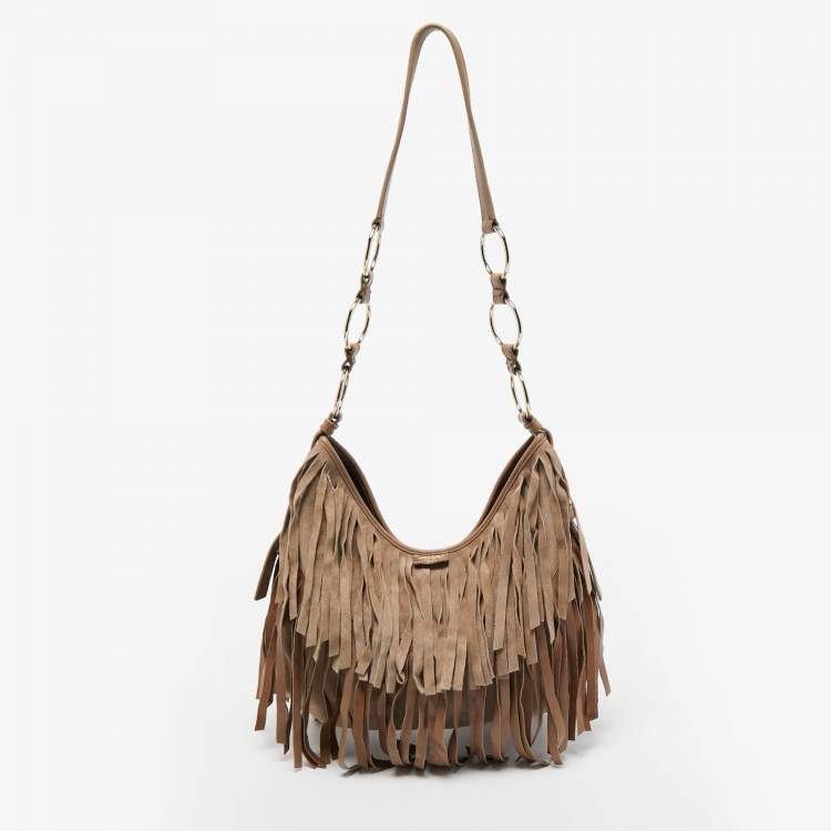 Pre Owned Yves Saint Laurent Beige Suede and Leather La Boheme Fringe Hobo