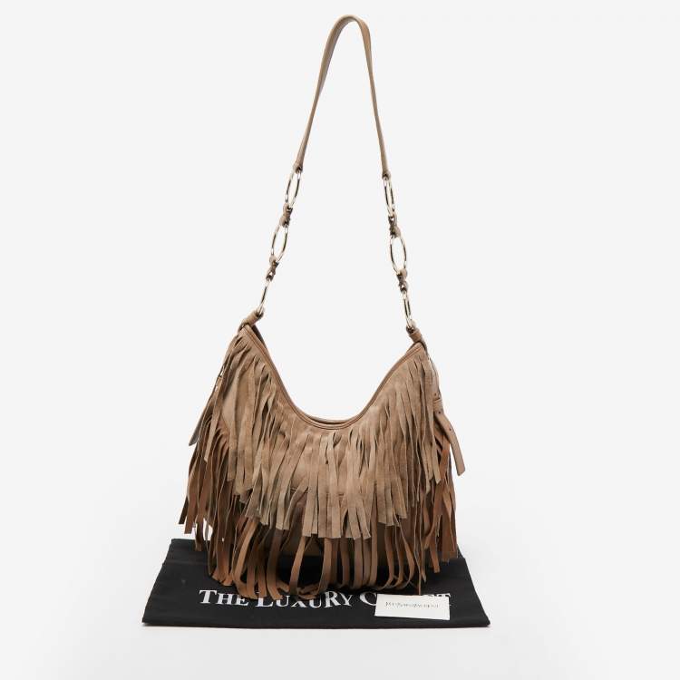 Pre Owned Yves Saint Laurent Beige Suede and Leather La Boheme Fringe Hobo
