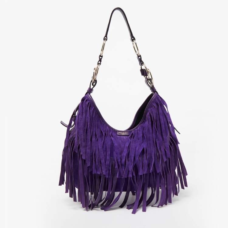 مملوكة مسبقًا Yves Saint Laurent Purple Suede and Leather La Boheme Fringe Hobo