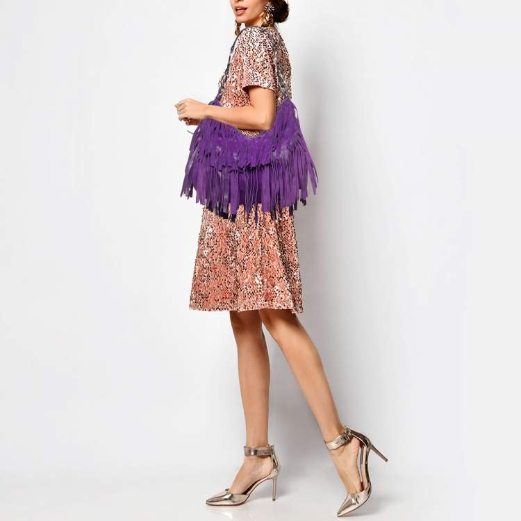 مملوكة مسبقًا Yves Saint Laurent Purple Suede and Leather La Boheme Fringe Hobo