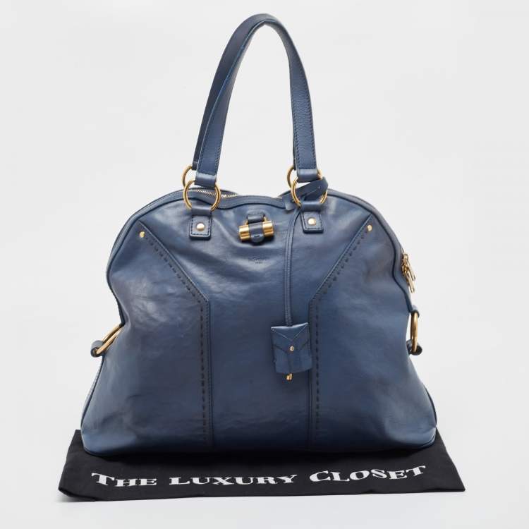 Pre Owned Yves Saint Laurent Blue Leather Oversized Muse Bag