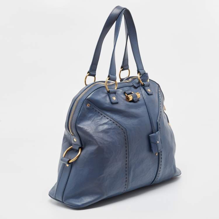 Pre Owned Yves Saint Laurent Blue Leather Oversized Muse Bag