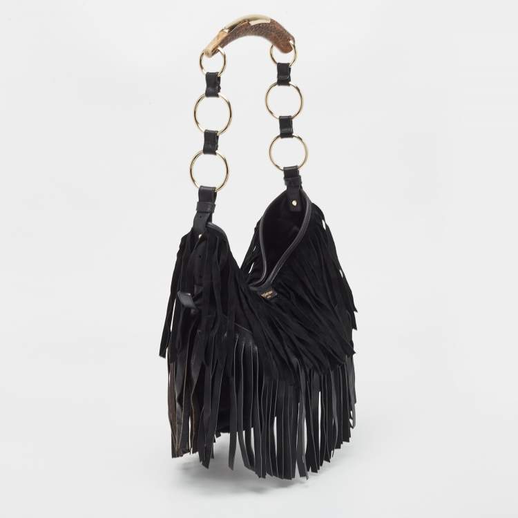 Pre Owned Yves Saint Laurent Black Leather and Suede Mombasa Fringe Hobo