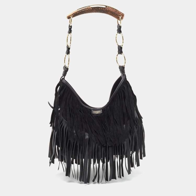 Yves Saint Laurent - Mombasa Fringe Suede Leather Horn Handle Hobo Bag Black