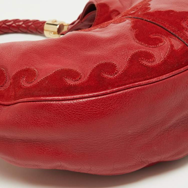 Pre Owned Yves Saint Laurent Red Suede and Leather Trim Tassel Hobo