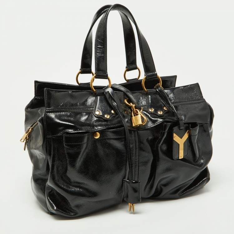 Pre Owned Yves Saint Laurent Black Patent Leather Front Pocket Satchel