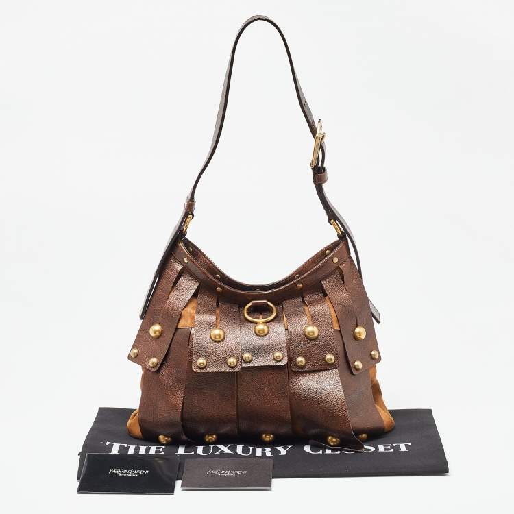 Pre Owned Yves Saint Laurent Two Tone Brown Suede and Leather Rive Gauche Shoulder Bag