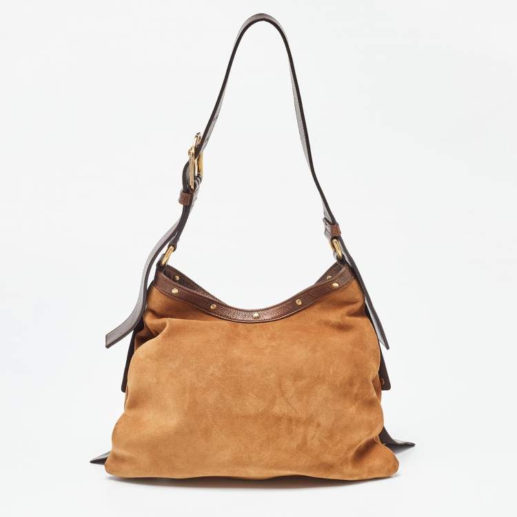 Pre Owned Yves Saint Laurent Two Tone Brown Suede and Leather Rive Gauche Shoulder Bag