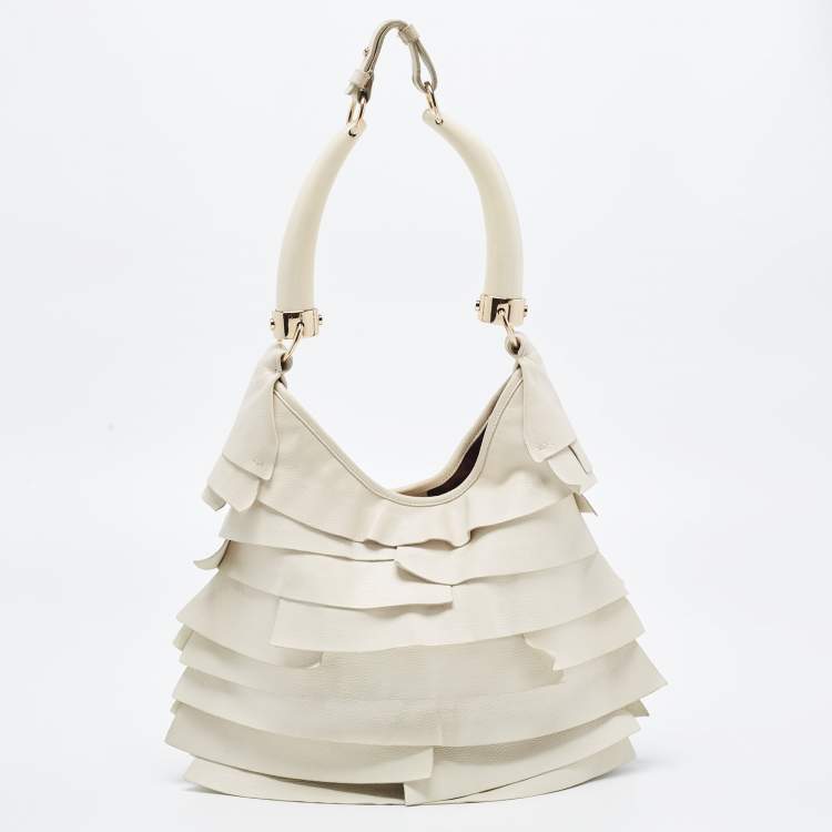 Pre Owned Yves Saint Laurent Ivory Leather St. Tropez Double Horn Hobo