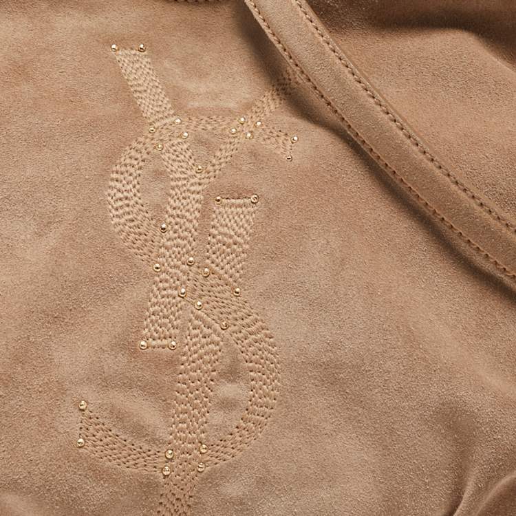 Pre Owned Yves Saint Laurent Beige Suede Logo Studded Hobo