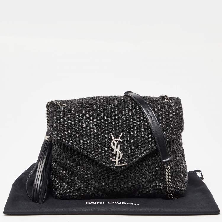 Pre Owned Saint Laurent Black Matelassé Raffia and Leather Loulou Crossbody Bag