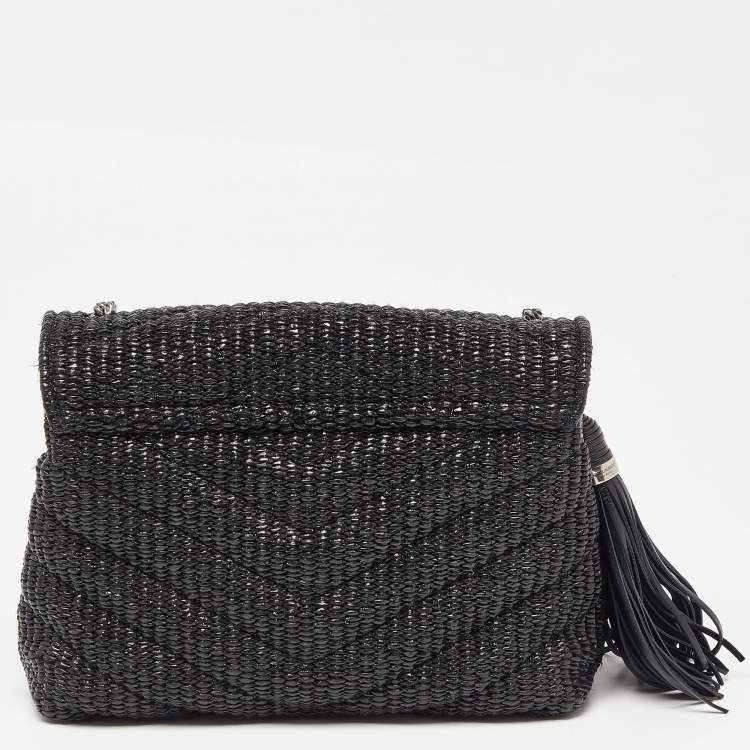Pre Owned Saint Laurent Black Matelassé Raffia and Leather Loulou Crossbody Bag