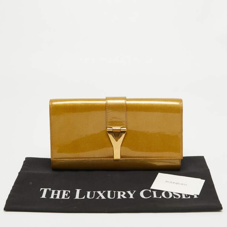 Pre Owned Yves Saint Laurent Gold Patent Y Line Flap Clutch