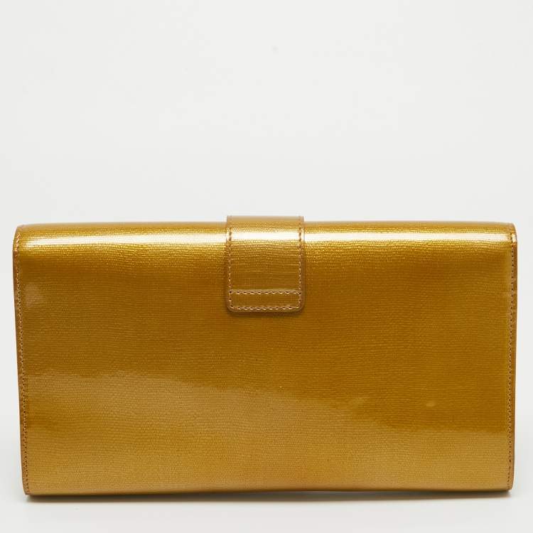 Pre Owned Yves Saint Laurent Gold Patent Y Line Flap Clutch