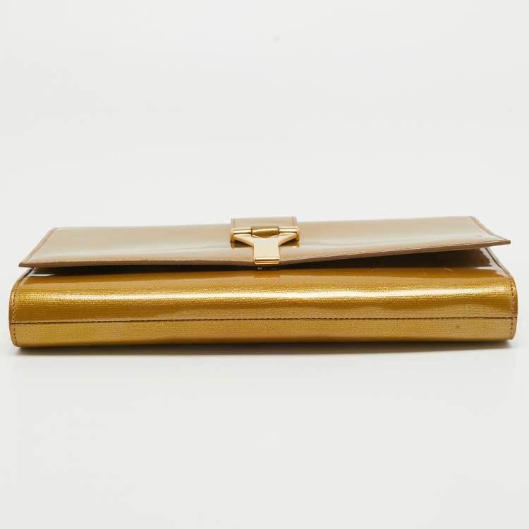 Pre Owned Yves Saint Laurent Gold Patent Y Line Flap Clutch