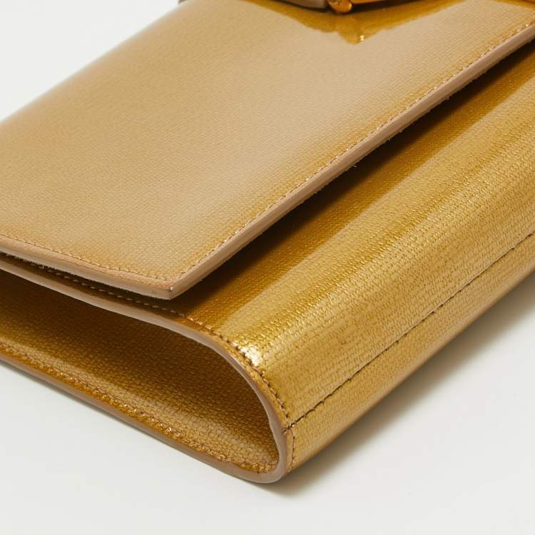 Pre Owned Yves Saint Laurent Gold Patent Y Line Flap Clutch